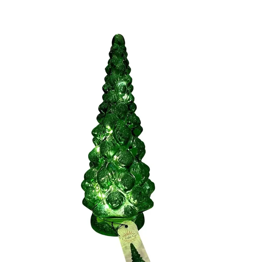 Illuminated Green Glitter Glass Christmas Tree 15.5in Chic Holiday Decor New